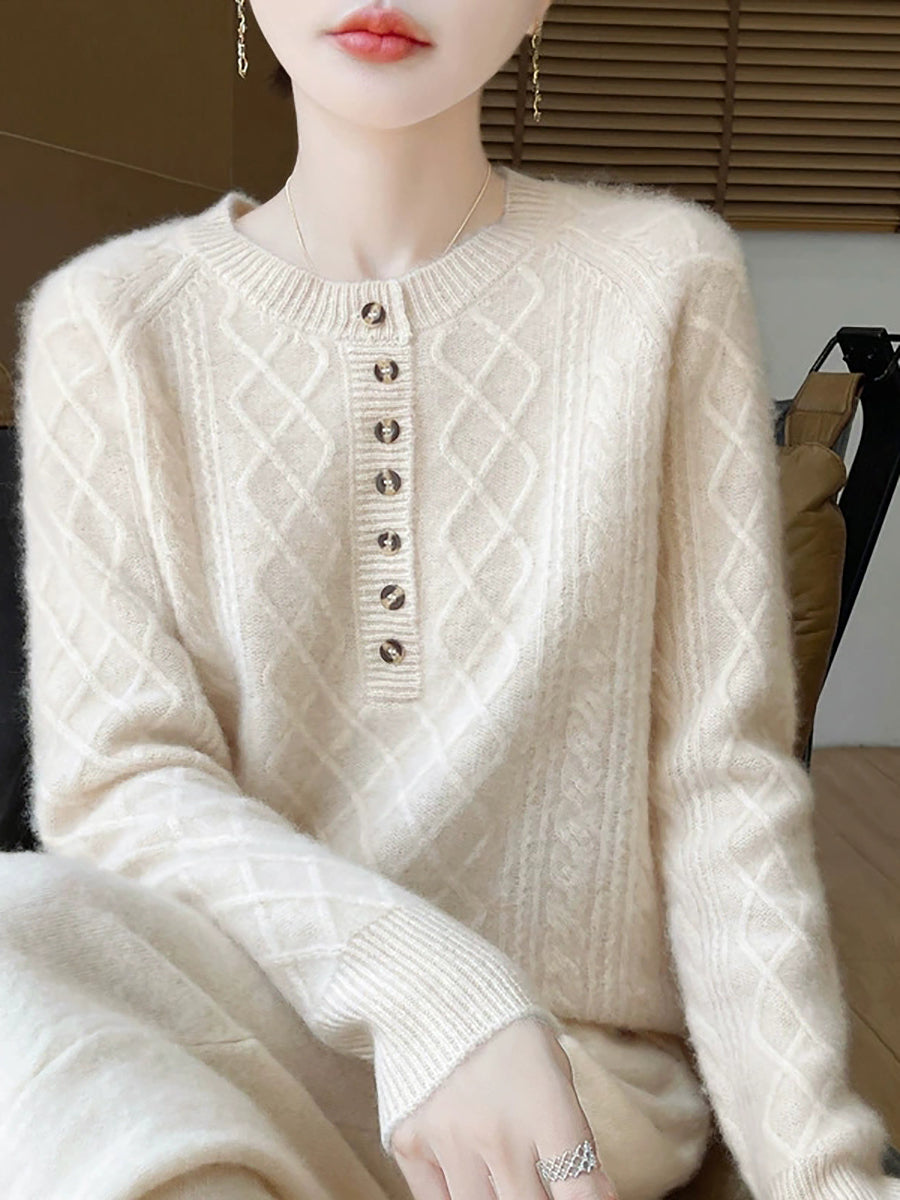 Women Autumn Vintage Rhomboids Wool O-Neck Sweater
