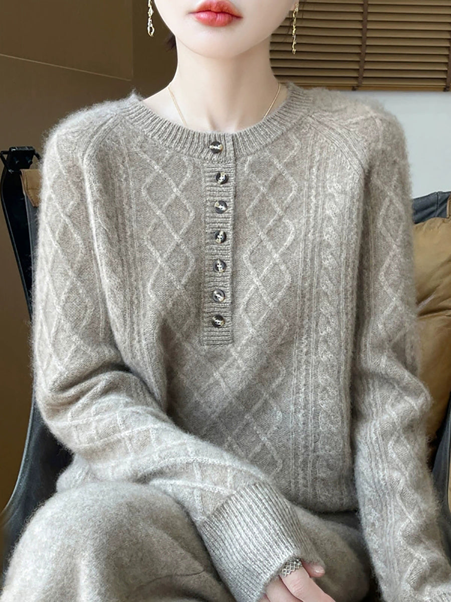Women Autumn Vintage Rhomboids Wool O-Neck Sweater
