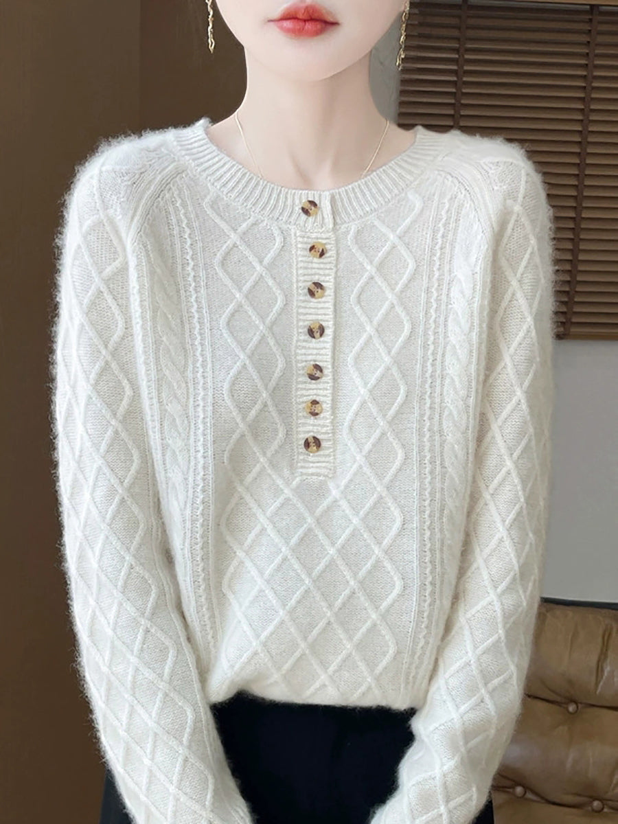 Women Autumn Vintage Rhomboids Wool O-Neck Sweater
