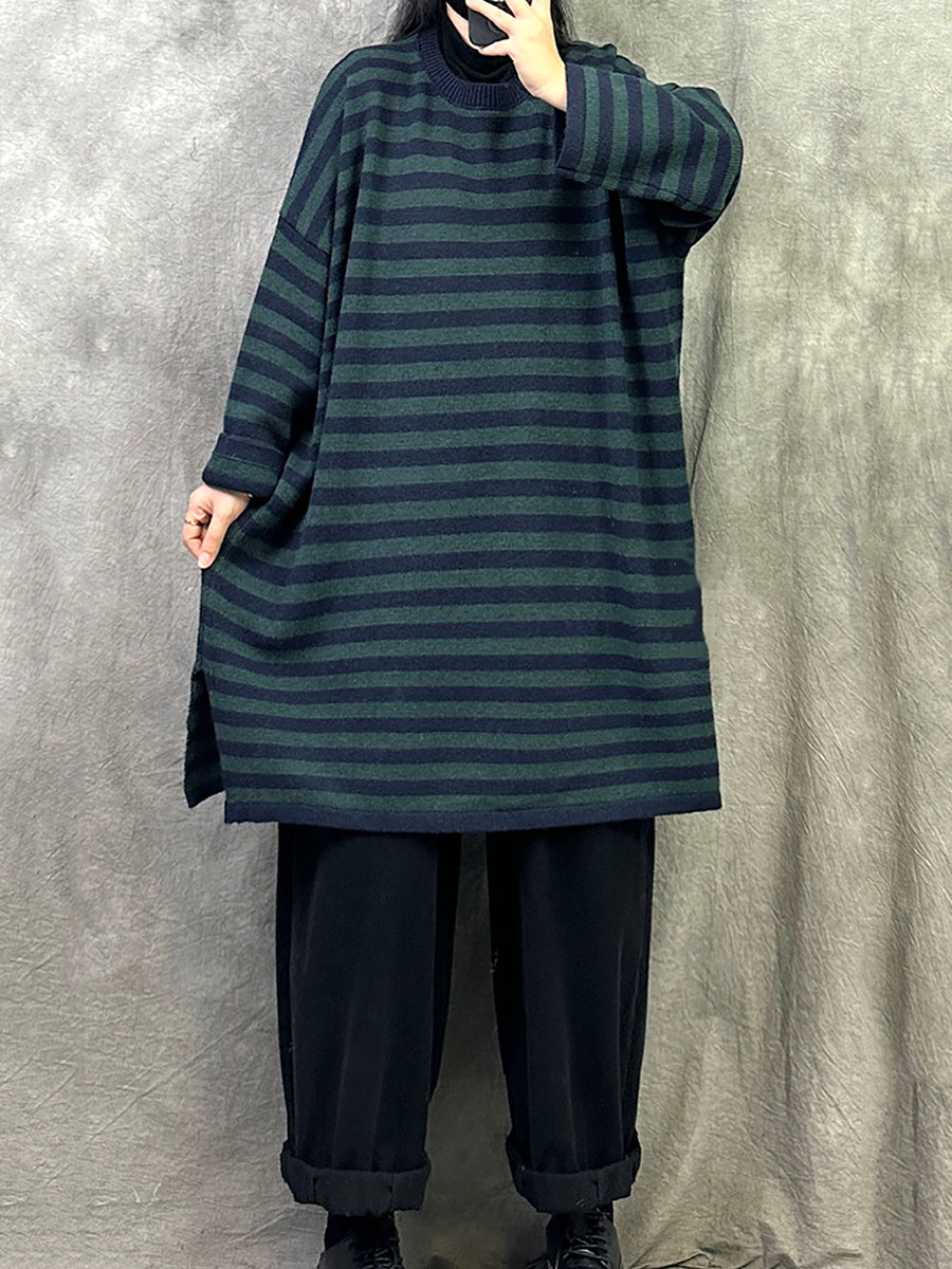 Women Autumn Casual Stripe Cotton Long Sweater