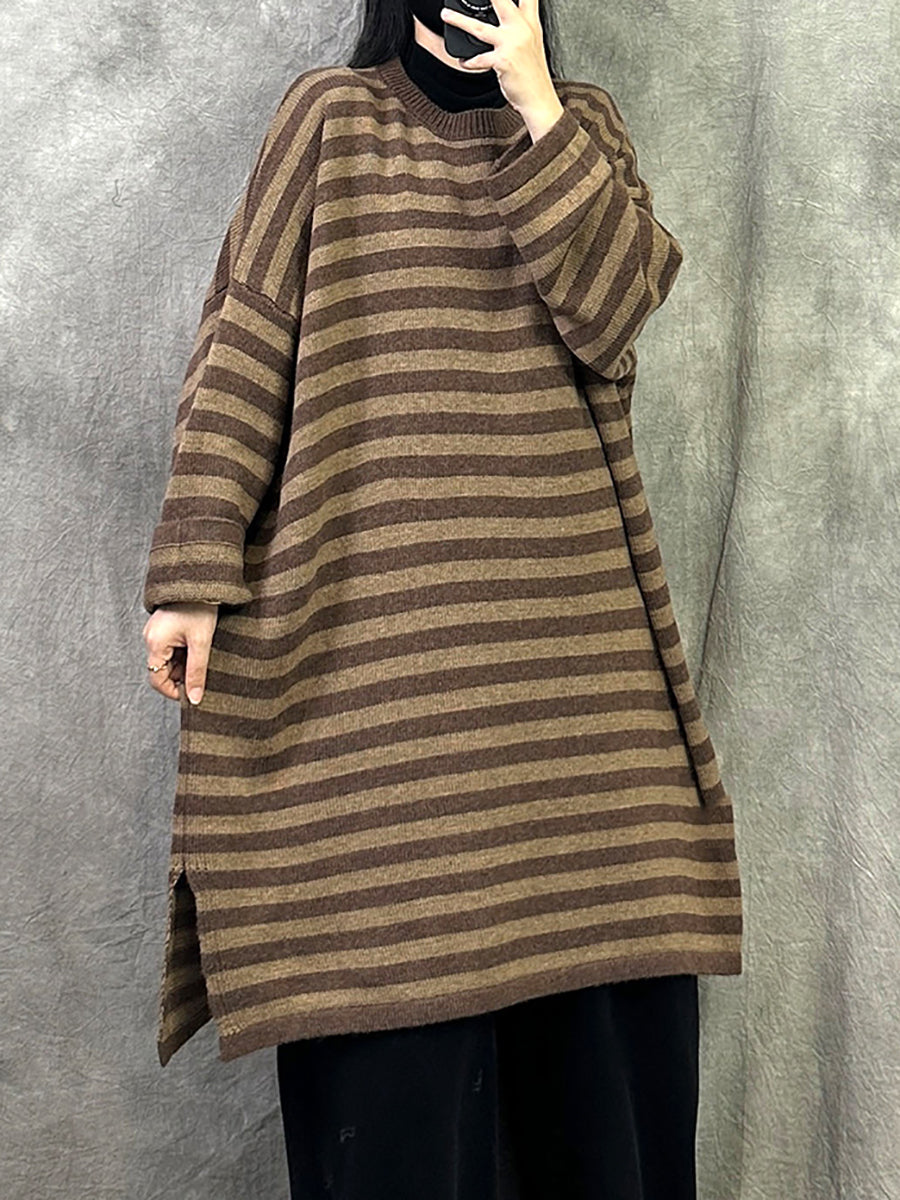 Women Autumn Casual Stripe Cotton Long Sweater