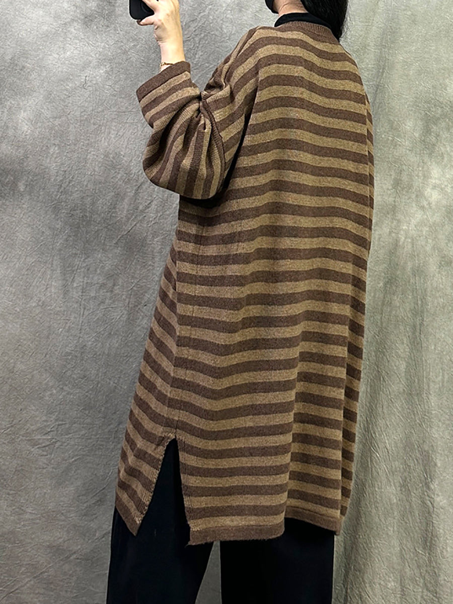 Women Autumn Casual Stripe Cotton Long Sweater