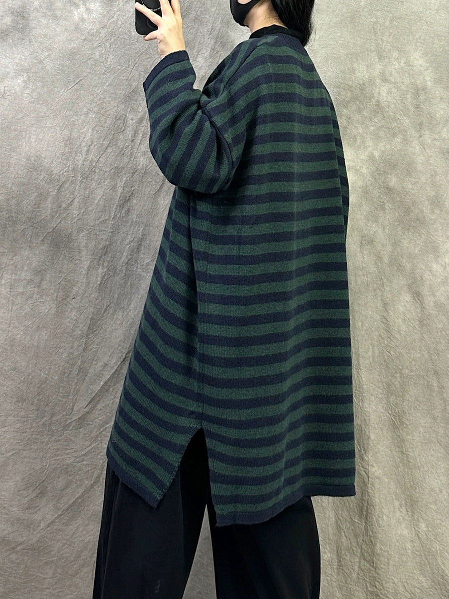 Women Autumn Casual Stripe Cotton Long Sweater