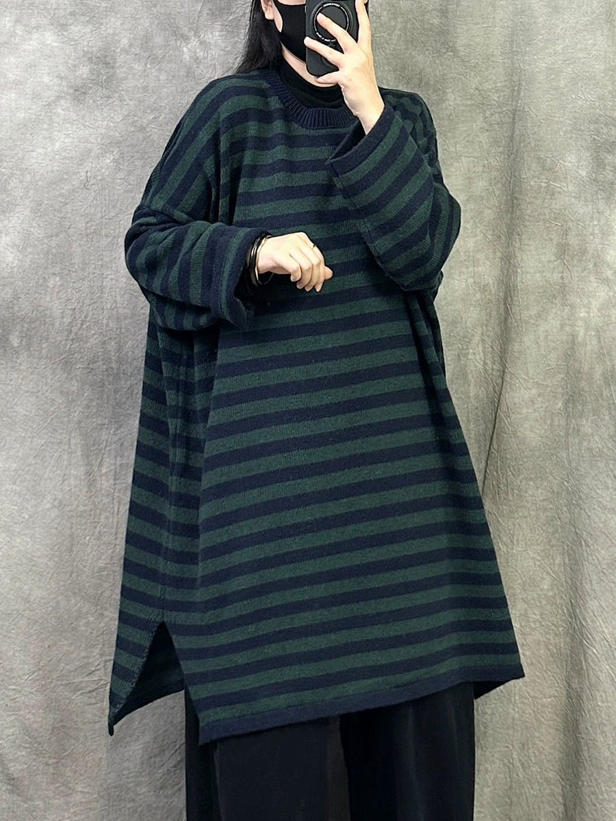 Women Autumn Casual Stripe Cotton Long Sweater