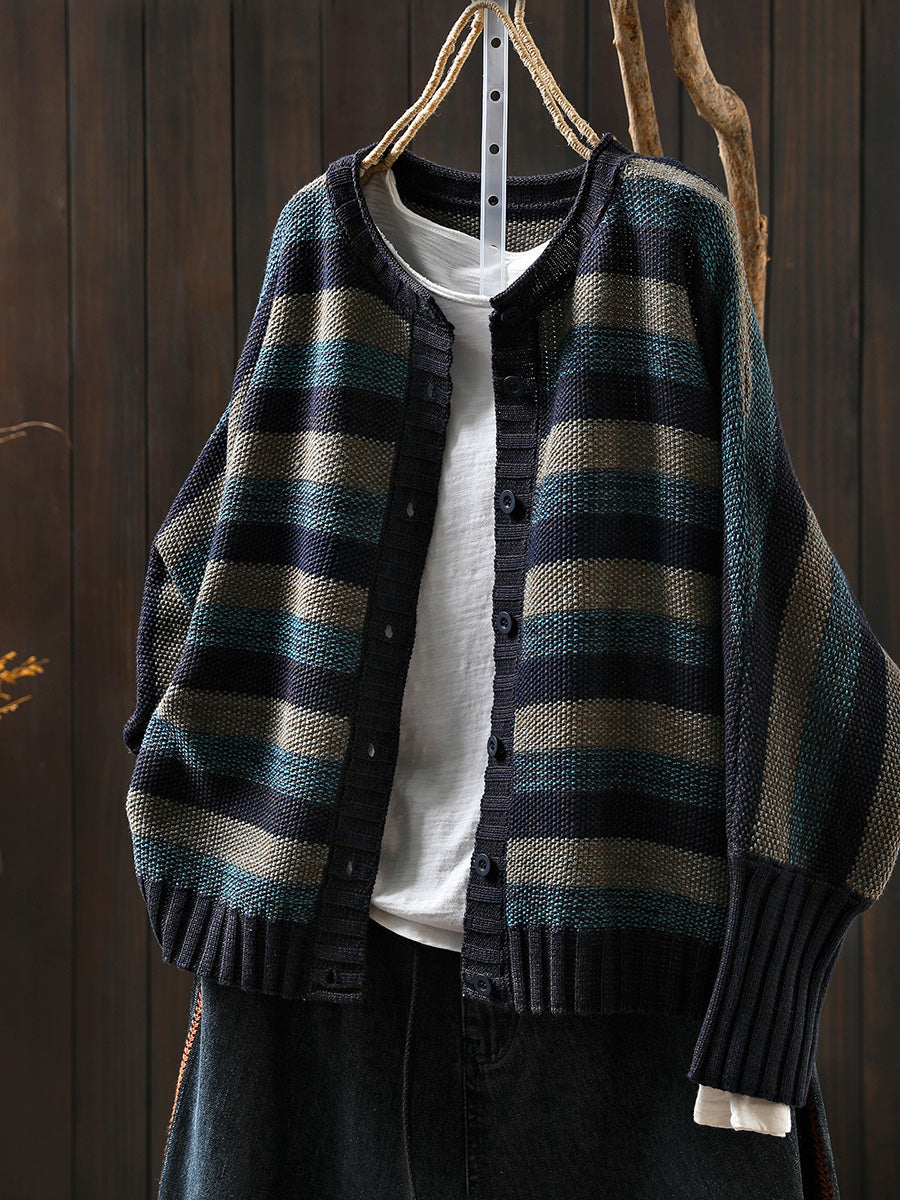 Women Autumn O-Neck Colorblock Stripe Sweater Coat