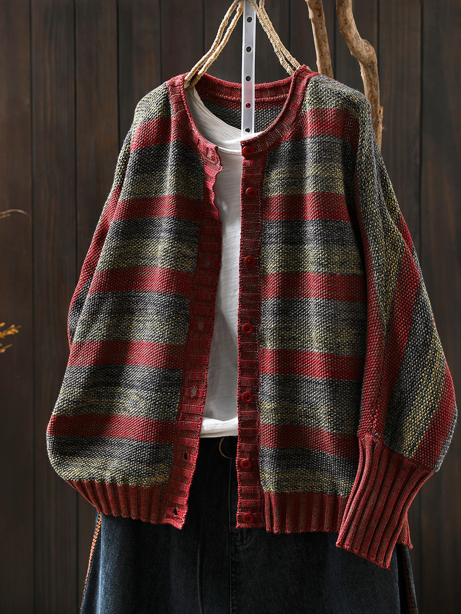 Women Autumn O-Neck Colorblock Stripe Sweater Coat