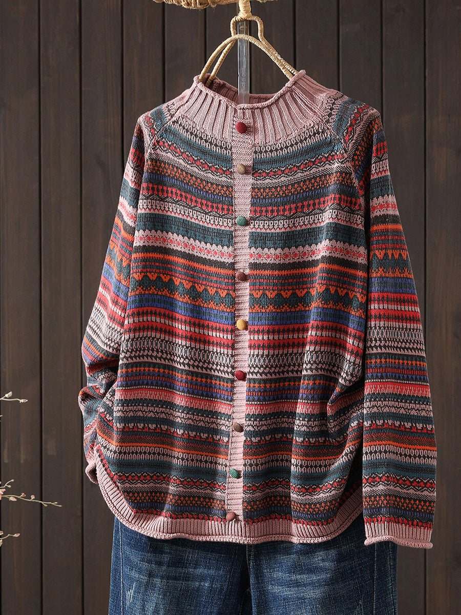 Women Autumn Colorblock Stripe Half-Turtleneck Sweater
