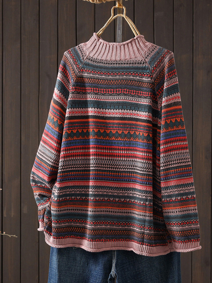 Women Autumn Colorblock Stripe Half-Turtleneck Sweater