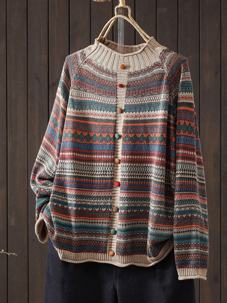 Women Autumn Colorblock Stripe Half-Turtleneck Sweater