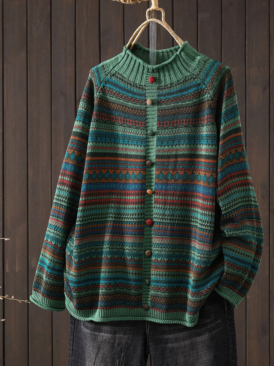 Women Autumn Colorblock Stripe Half-Turtleneck Sweater