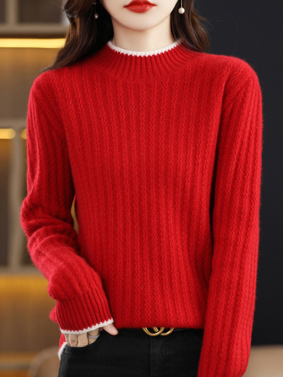 Women Autumn Pure Color Half-Tuetleneck Knitted Sweater