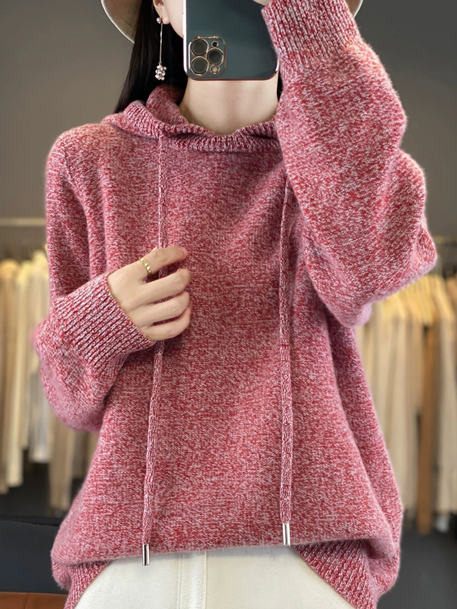 Women Autumn Pure Color 100%Wool Hooded Sweater