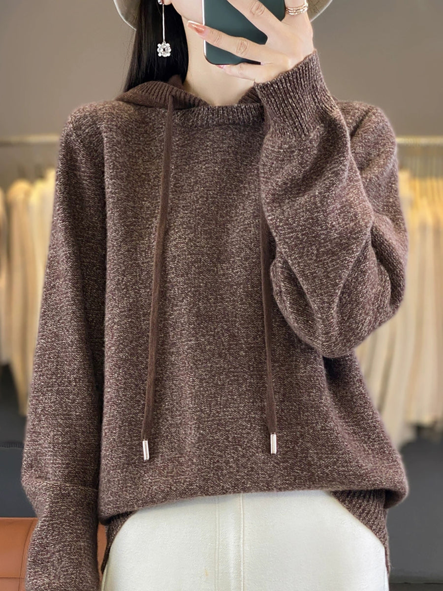 Women Autumn Pure Color 100%Wool Hooded Sweater