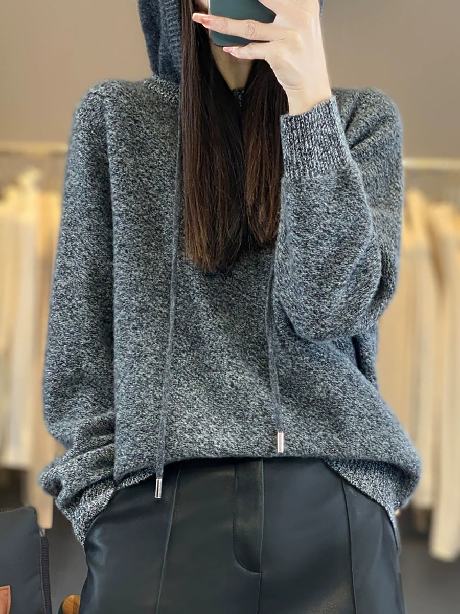 Women Autumn Pure Color 100%Wool Hooded Sweater