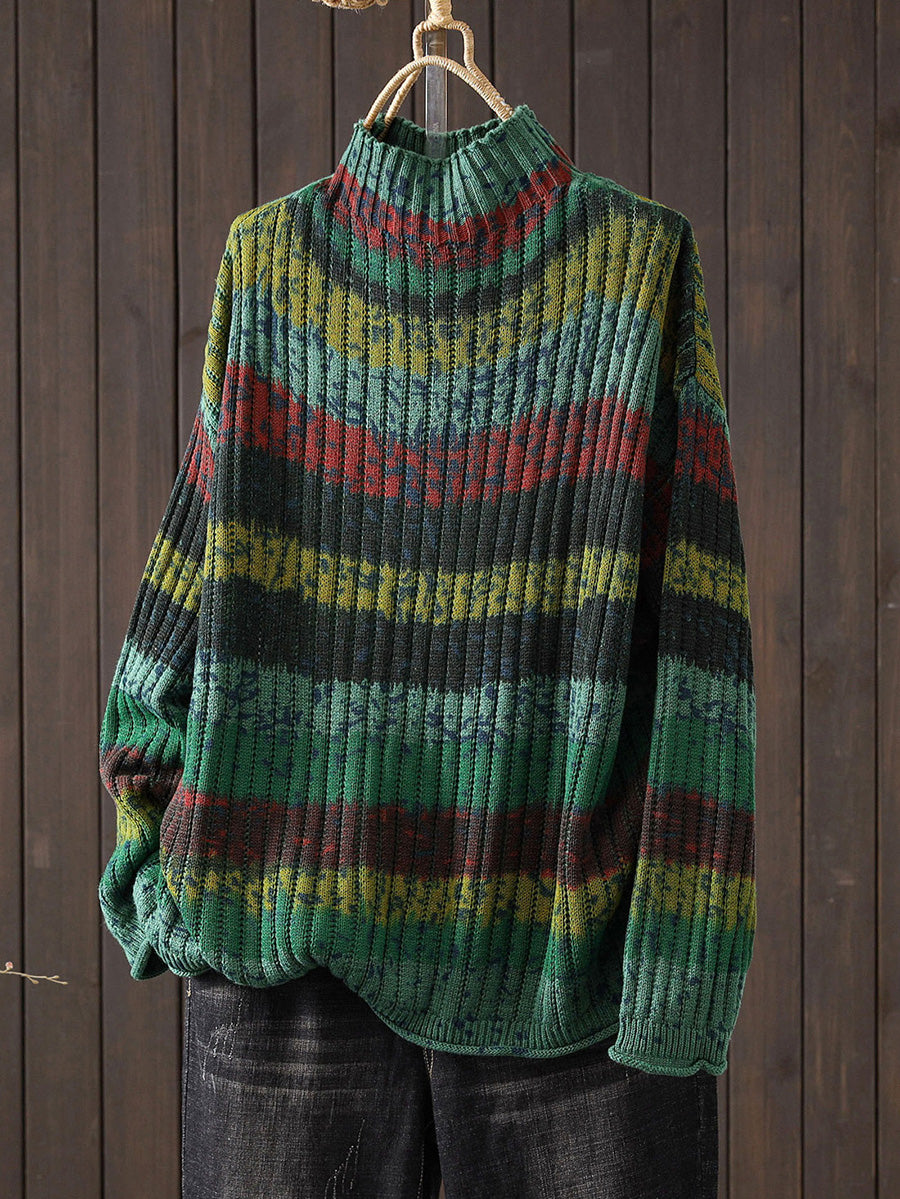 Women Autumn Colorblock Stripe Half-Turtleneck Sweater