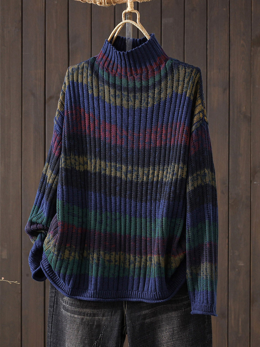 Women Autumn Colorblock Stripe Half-Turtleneck Sweater