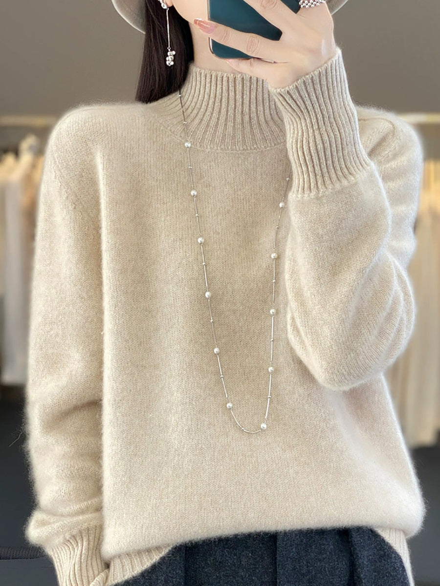 Women Autumn Pure Color 100%Wool Half-Turtleneck Sweater