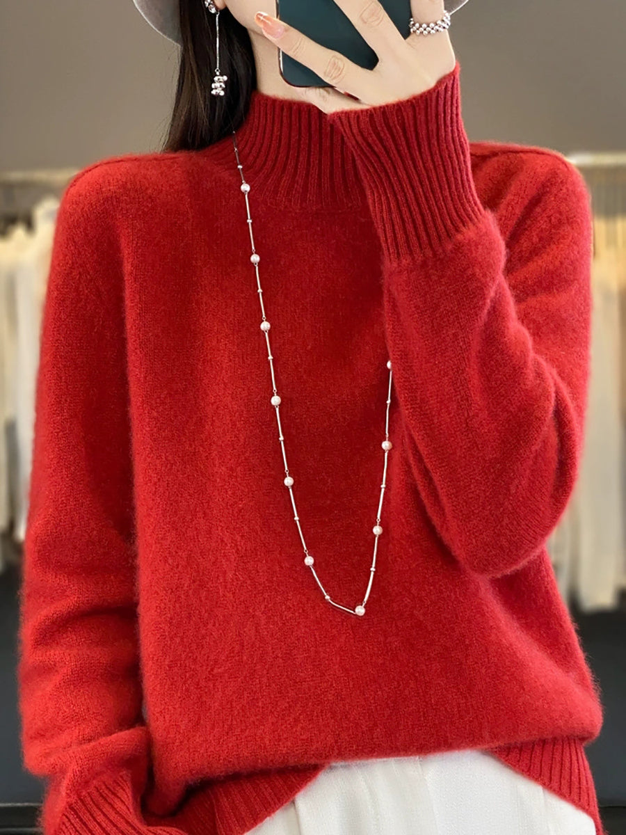 Women Autumn Pure Color 100%Wool Half-Turtleneck Sweater