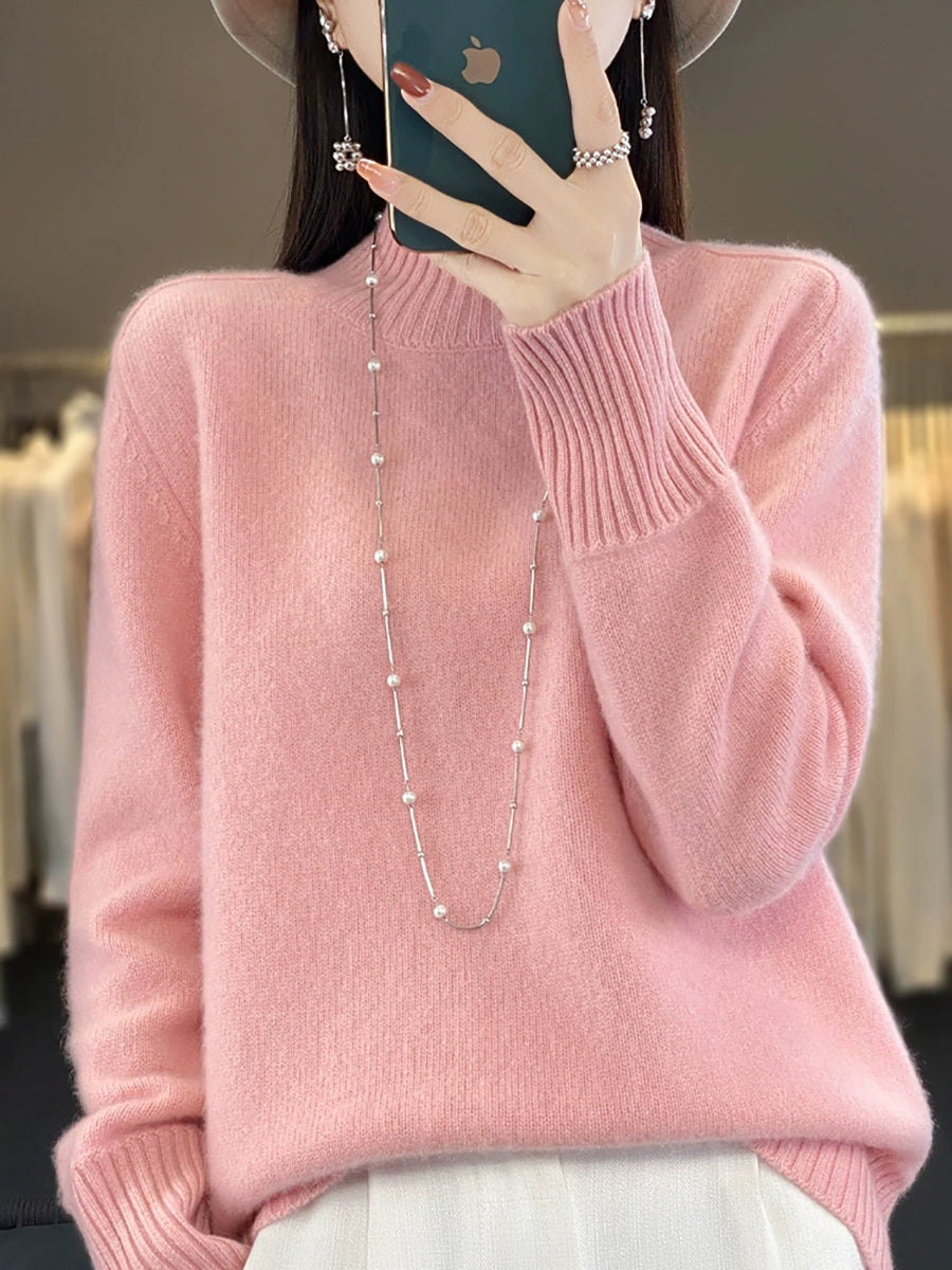 Women Autumn Pure Color 100%Wool Half-Turtleneck Sweater