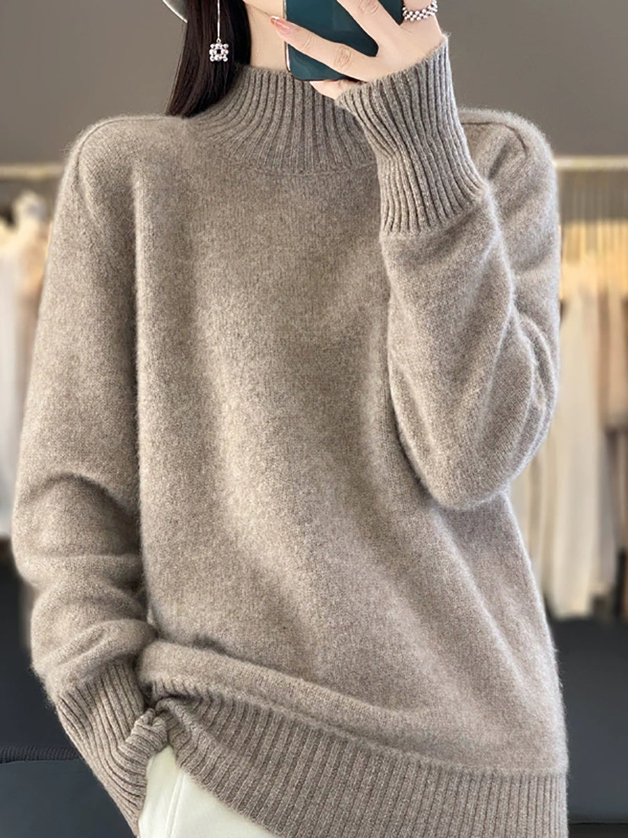 Women Autumn Pure Color 100%Wool Half-Turtleneck Sweater