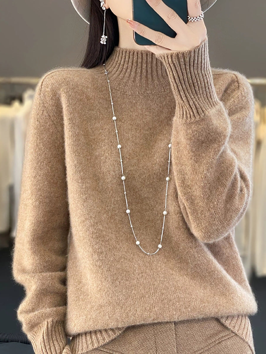 Women Autumn Pure Color 100%Wool Half-Turtleneck Sweater