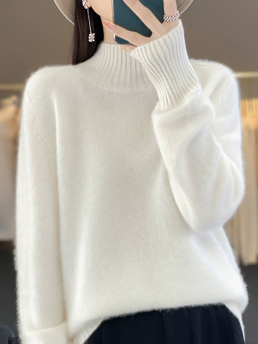 Women Autumn Pure Color 100%Wool Half-Turtleneck Sweater