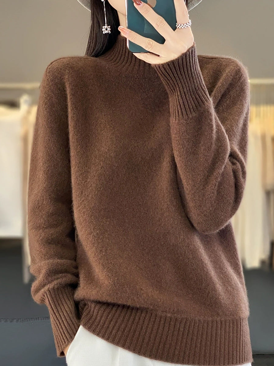 Women Autumn Pure Color 100%Wool Half-Turtleneck Sweater