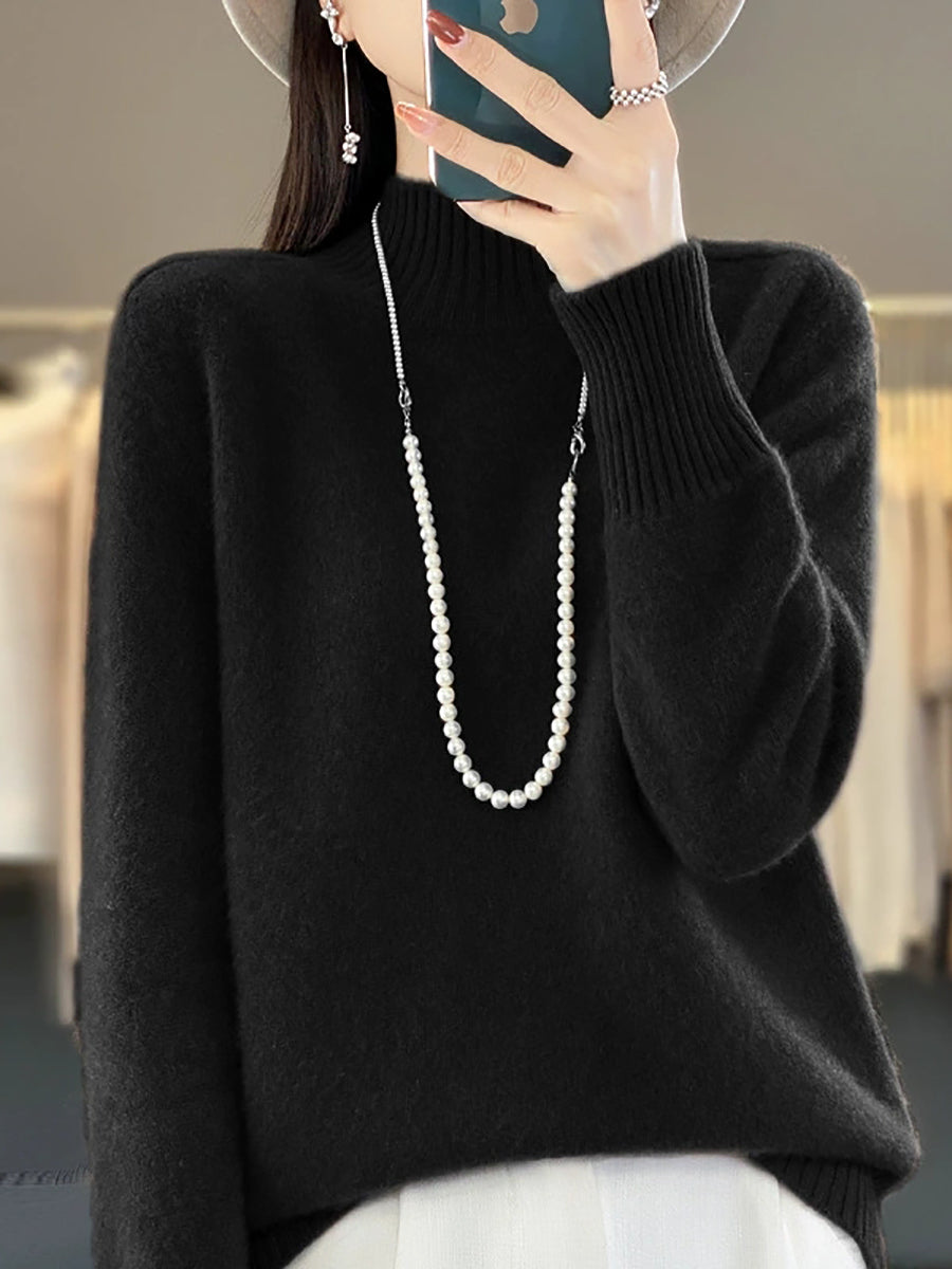 Women Autumn Pure Color 100%Wool Half-Turtleneck Sweater