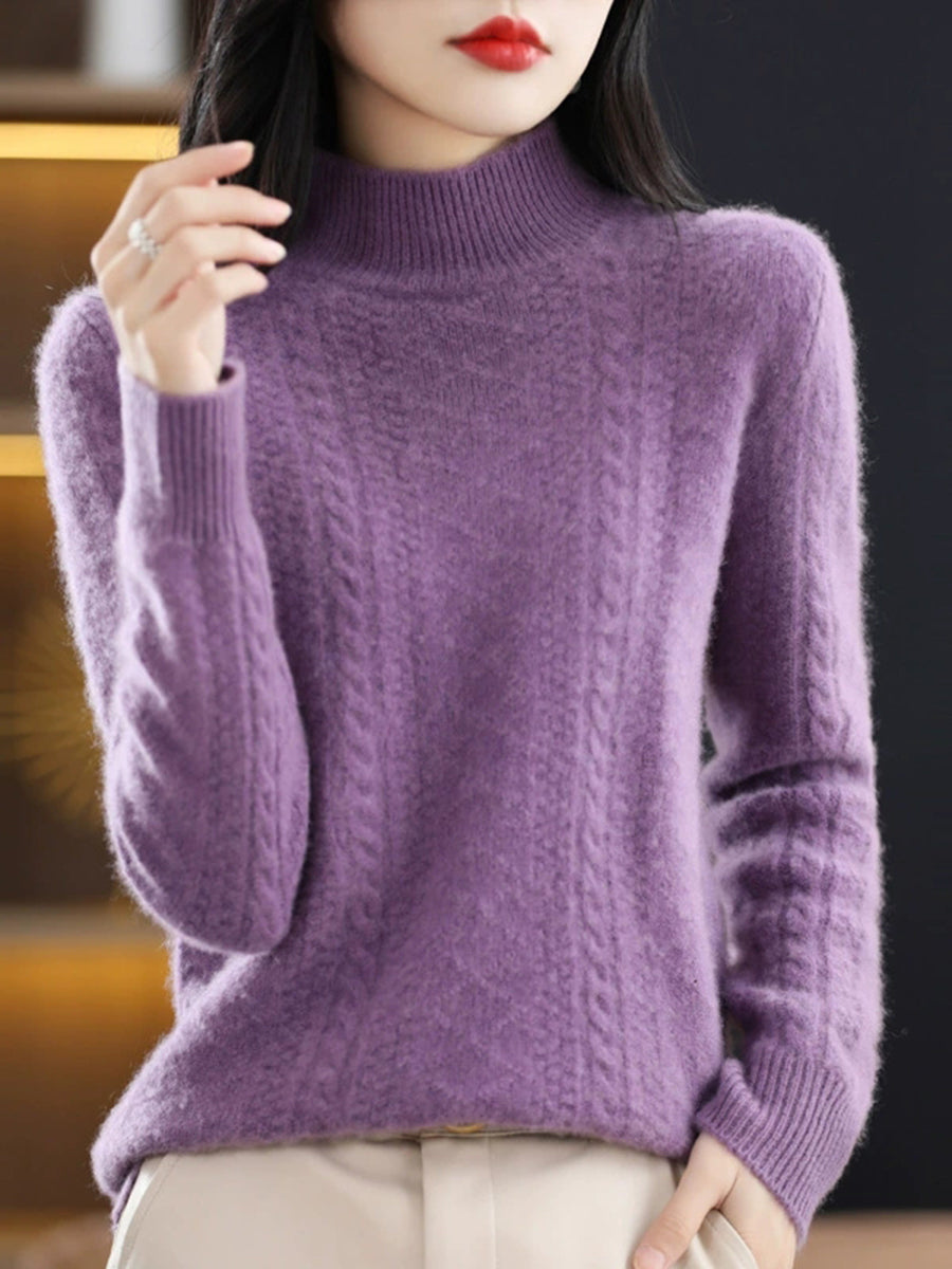 Women Autumn Pure Color Wool Half-Turtleneck Sweater