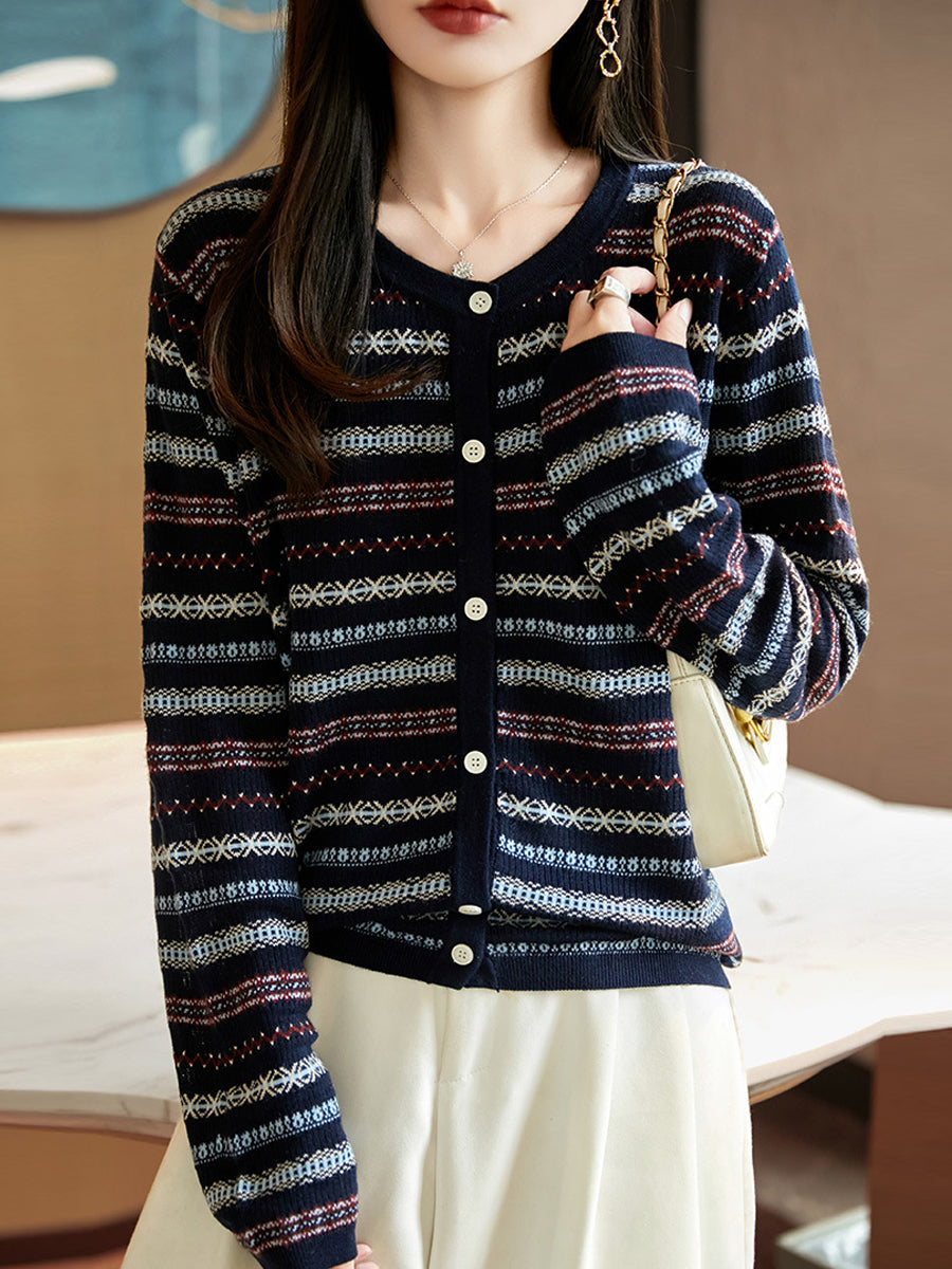 Women Autumn Casual Stripe O-Neck Knitted Sweater
