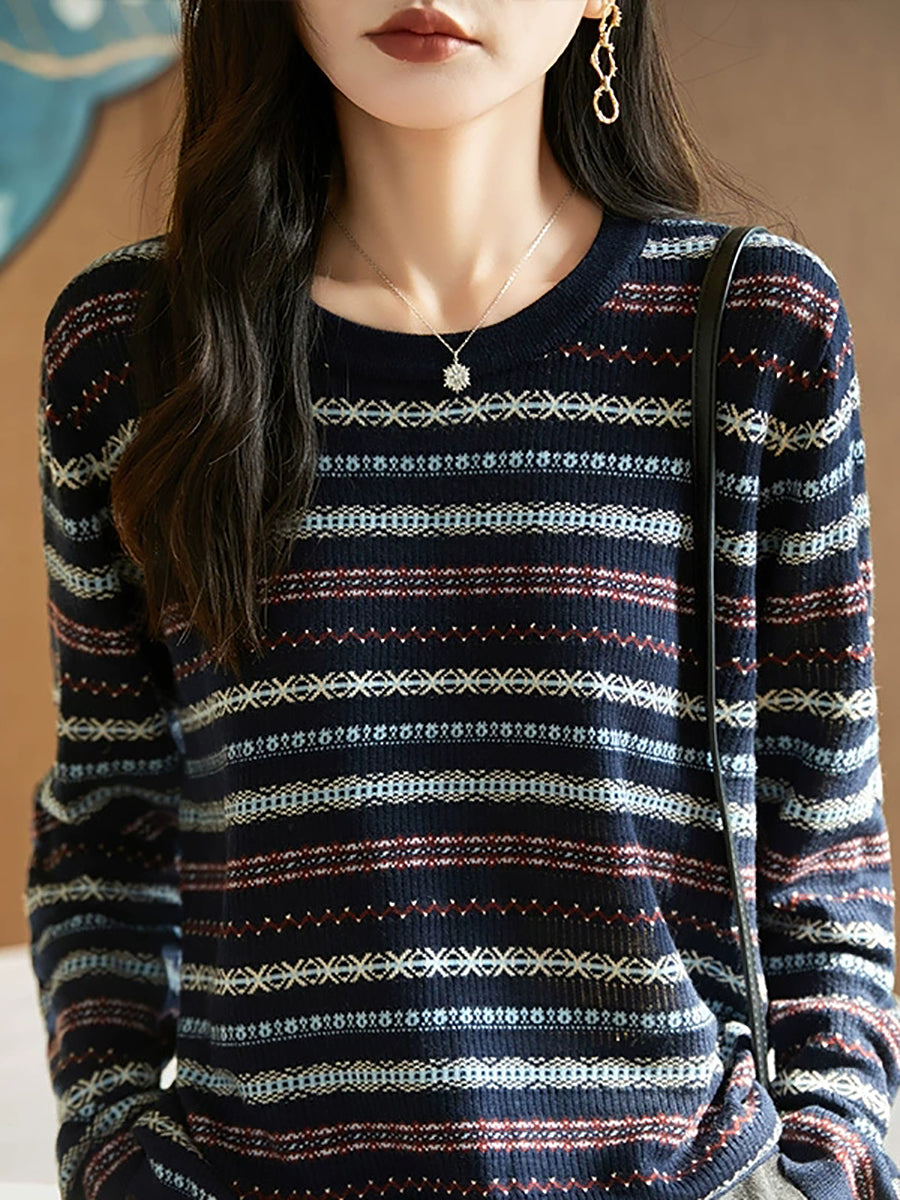 Women Autumn Casual Stripe O-Neck Knitted Sweater