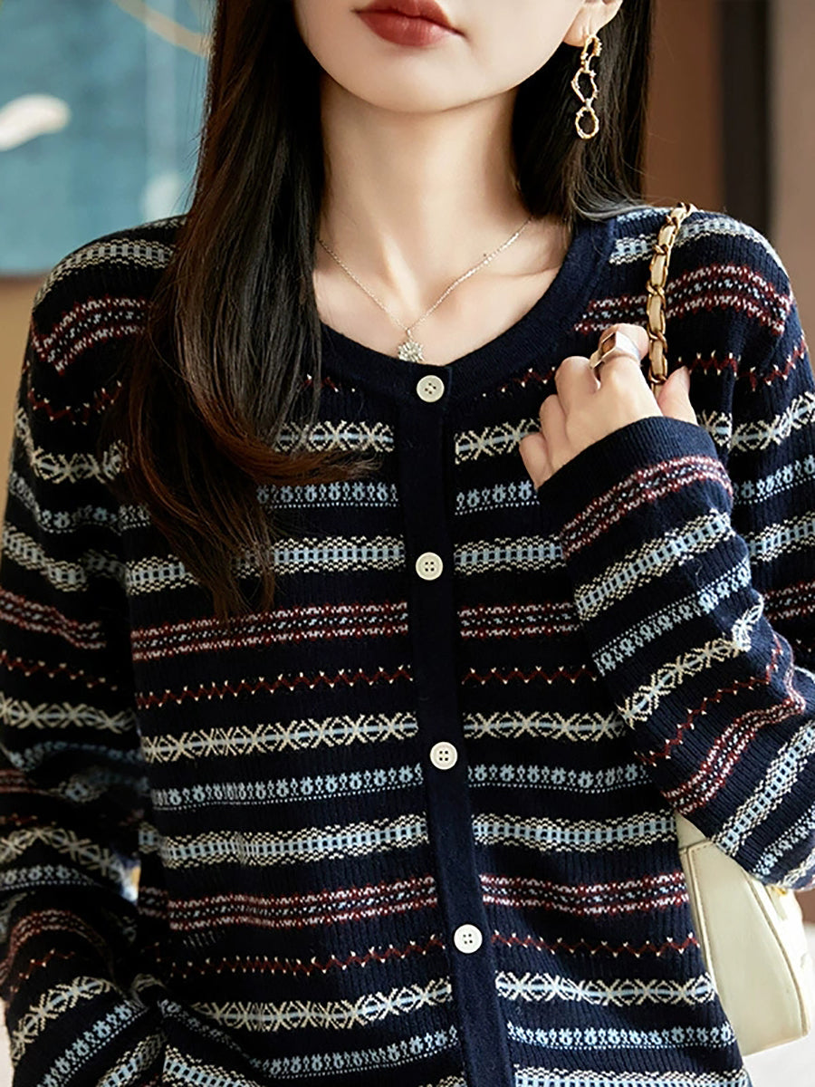 Women Autumn Casual Stripe O-Neck Knitted Sweater
