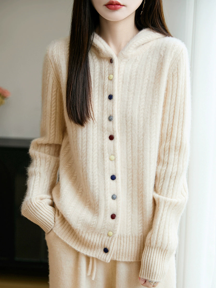 Women Autumn Casual Pure Color Wool Hooded Sweater