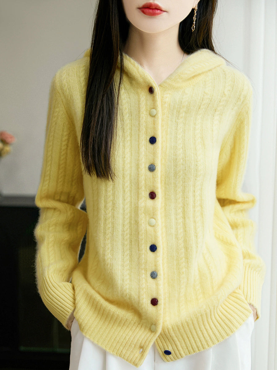Women Autumn Casual Pure Color Wool Hooded Sweater
