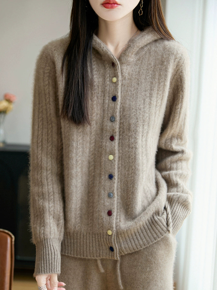 Women Autumn Casual Pure Color Wool Hooded Sweater