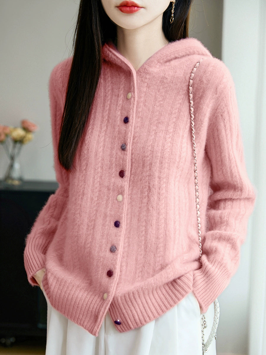 Women Autumn Casual Pure Color Wool Hooded Sweater