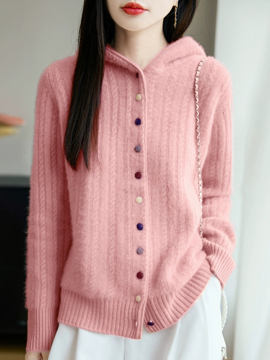 Women Autumn Casual Pure Color Wool Hooded Sweater