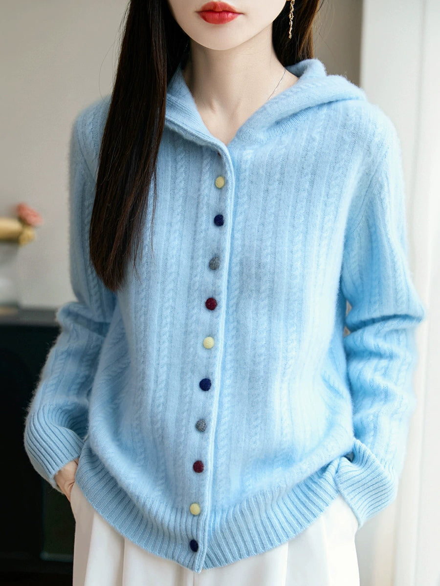 Women Autumn Casual Pure Color Wool Hooded Sweater
