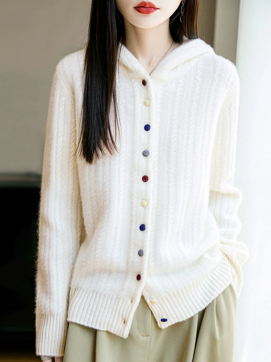 Women Autumn Casual Pure Color Wool Hooded Sweater