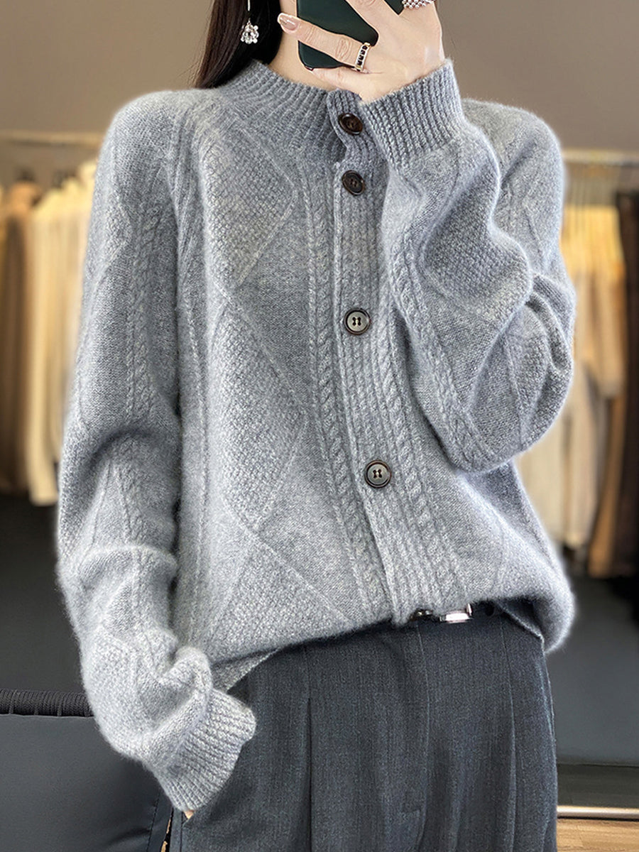 Women Autumn Pure Color Wool Stand Collar Sweater