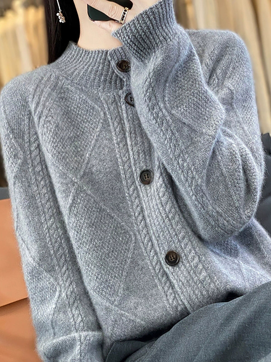 Women Autumn Pure Color Wool Stand Collar Sweater