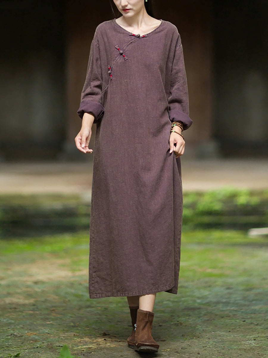 Women Autumn Vintage Pure Color O-Neck Ramie Cotton Dress