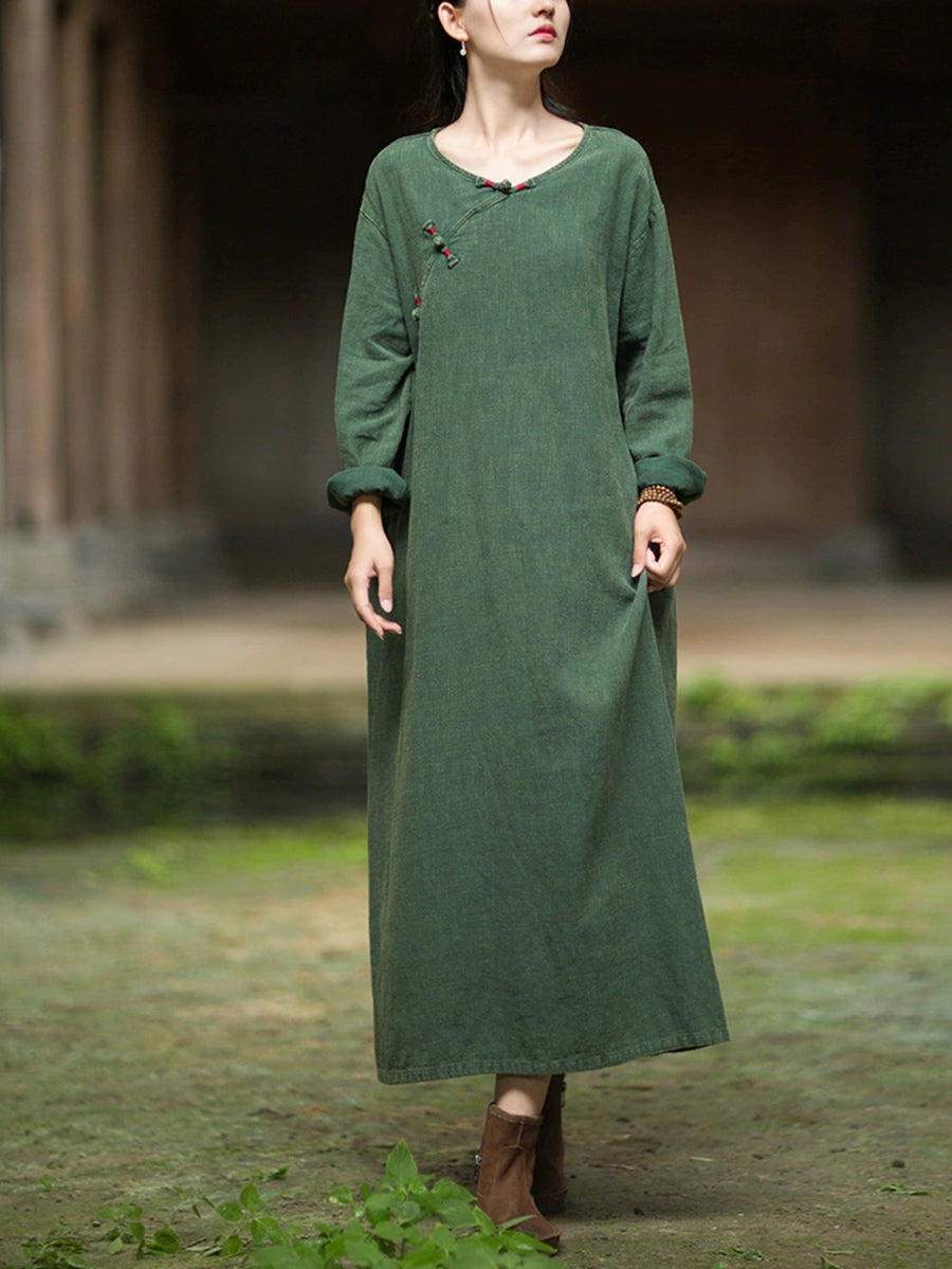 Women Autumn Vintage Pure Color O-Neck Ramie Cotton Dress