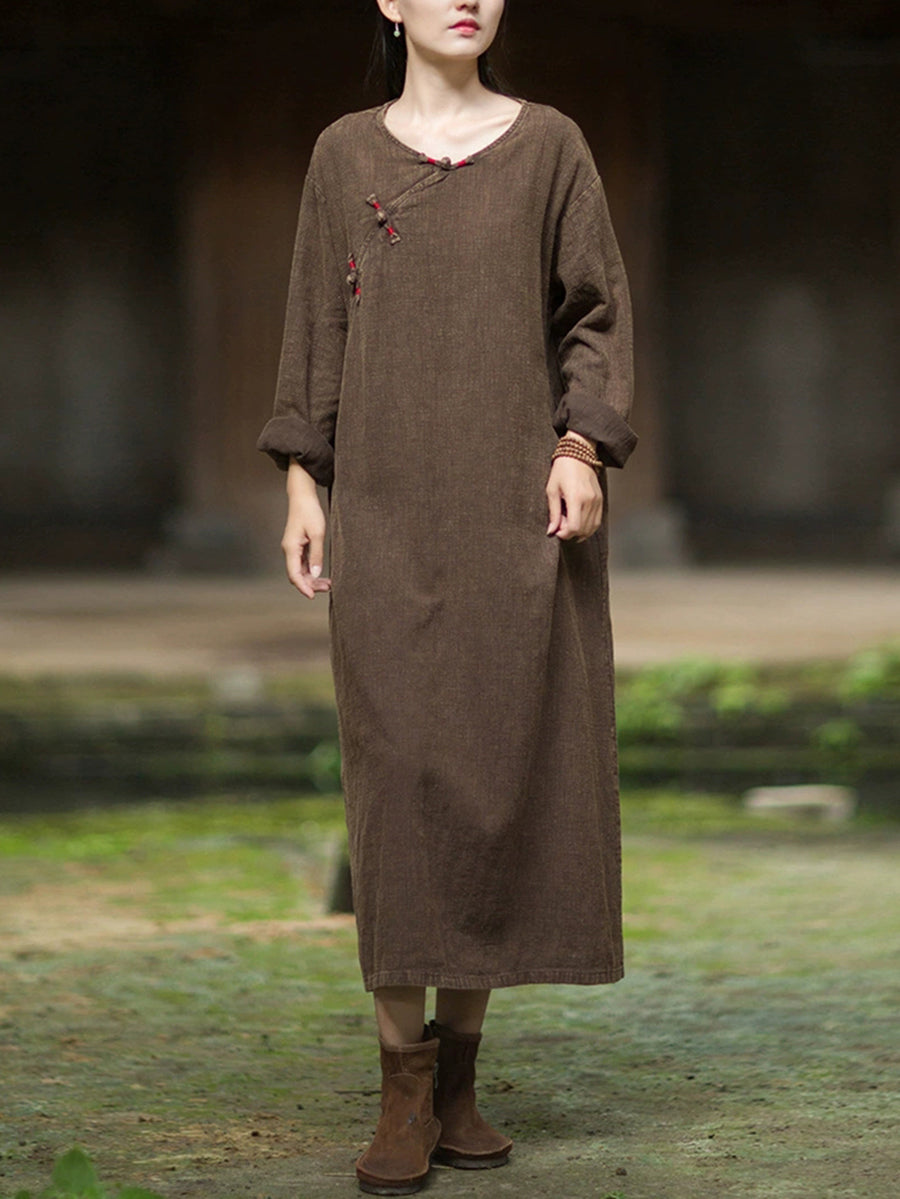 Women Autumn Vintage Pure Color O-Neck Ramie Cotton Dress