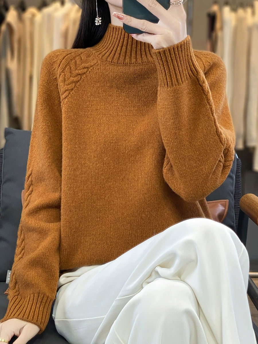 Women Autumn Pure Color Wool Half-Turtleneck Sweater