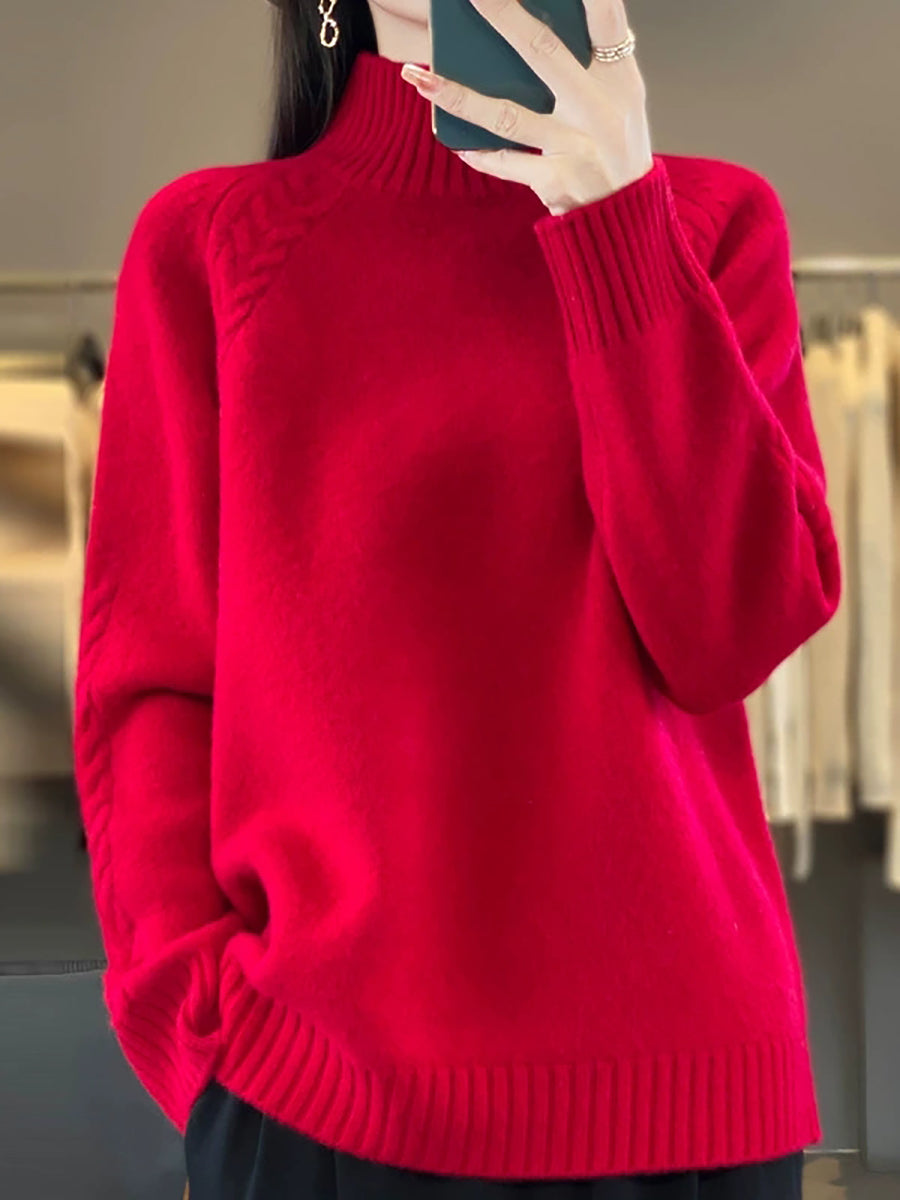 Women Autumn Pure Color Wool Half-Turtleneck Sweater