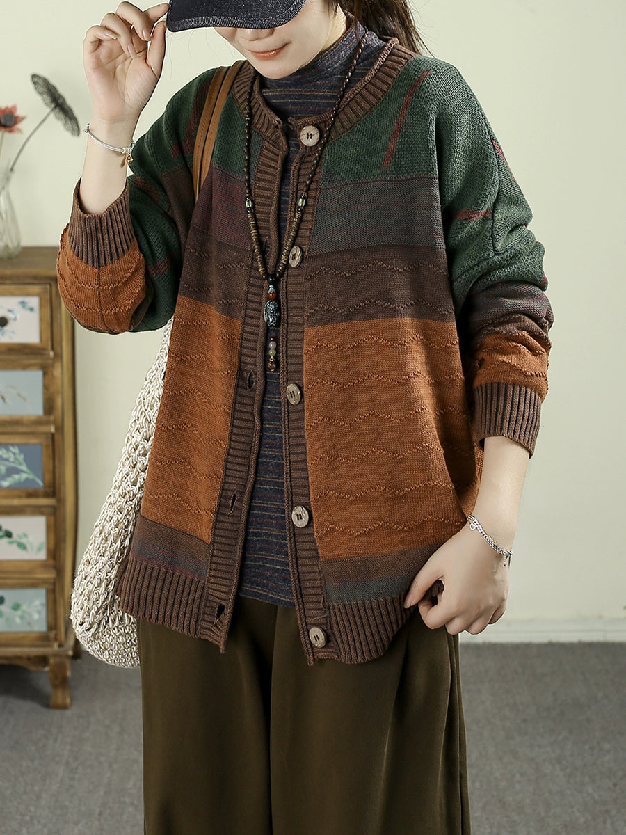 Women Autumn Vintage Colorblock O-Neck Knitted Sweater