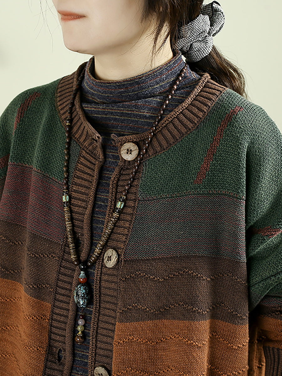 Women Autumn Vintage Colorblock O-Neck Knitted Sweater