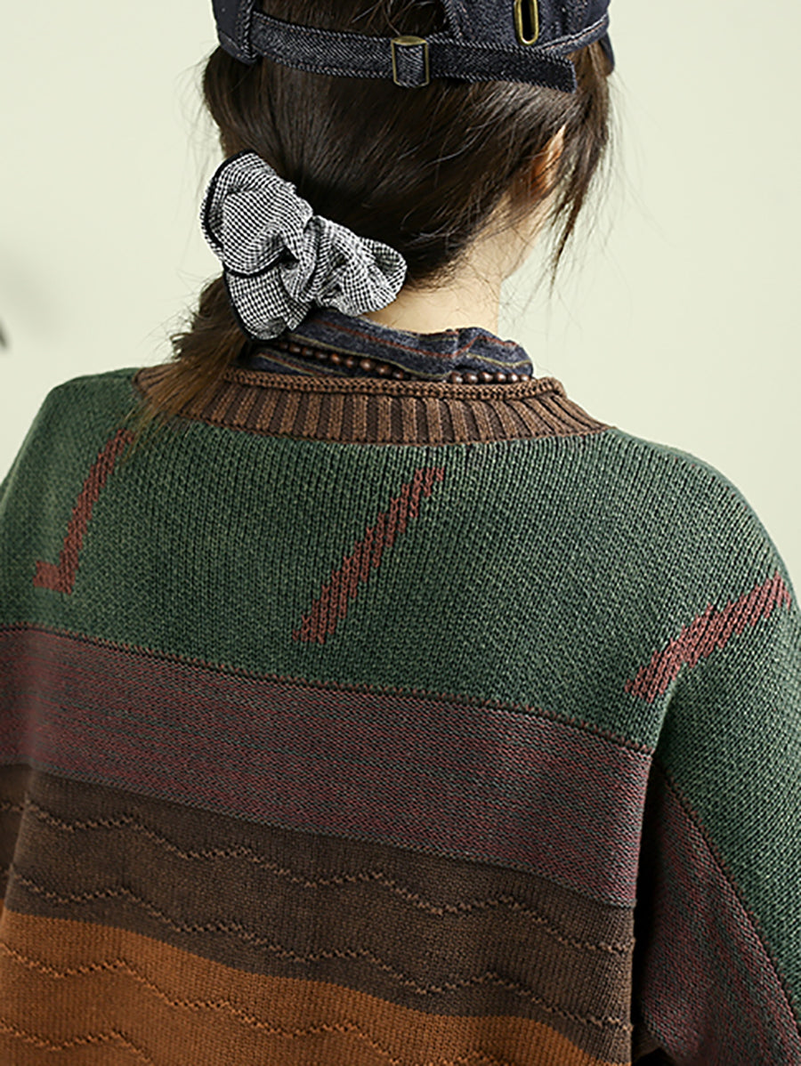 Women Autumn Vintage Colorblock O-Neck Knitted Sweater