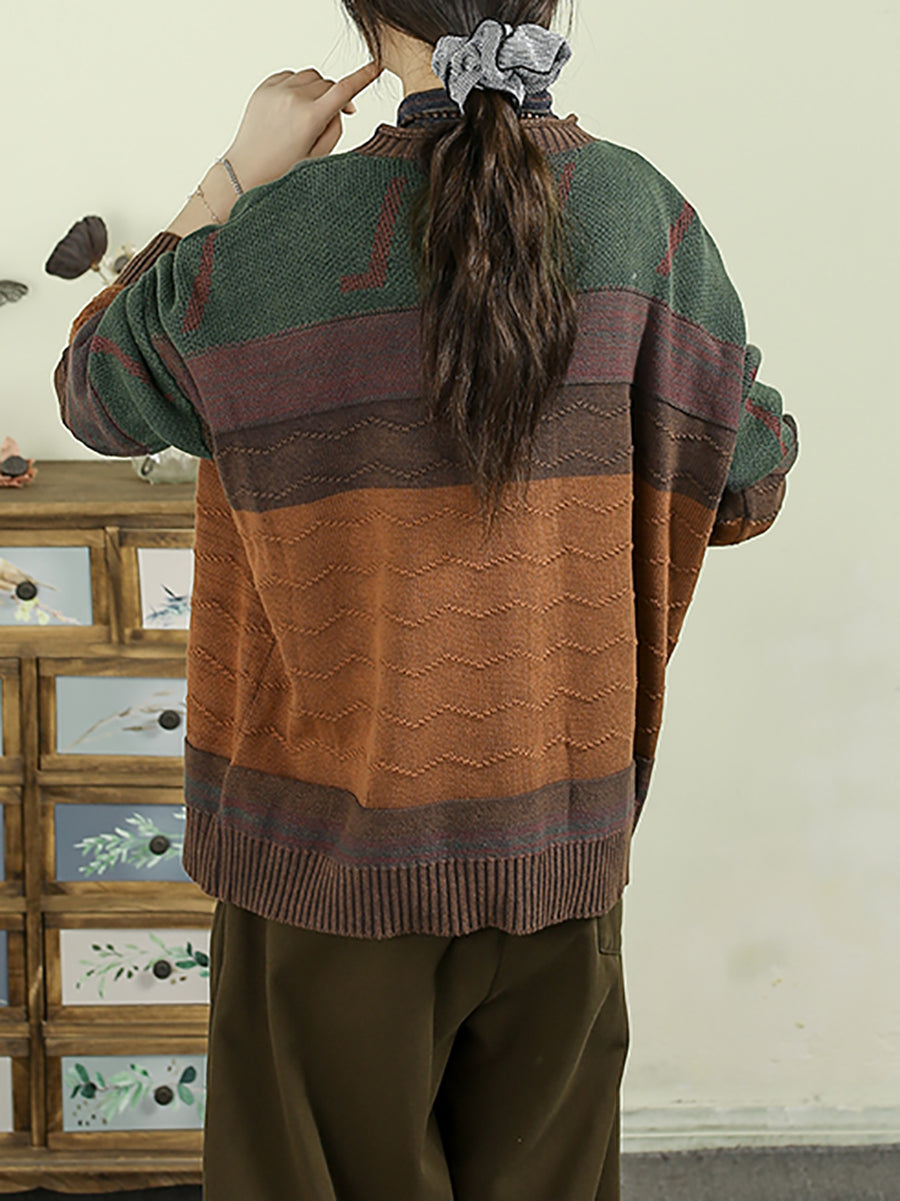 Women Autumn Vintage Colorblock O-Neck Knitted Sweater